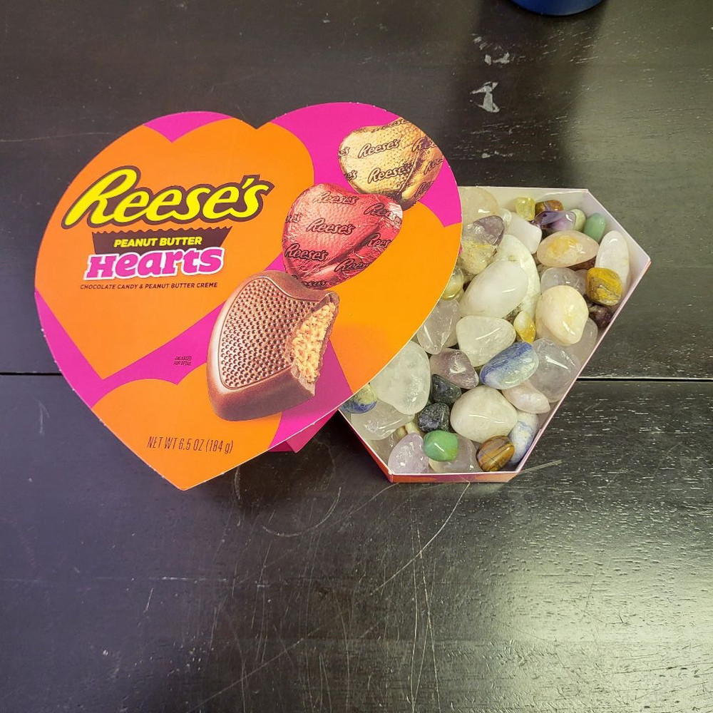2lbs of tumbled stones in a fun Reeses heart gift box